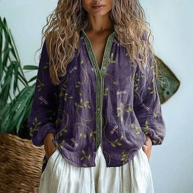 Brianna | Elegant Vintage Bladtryk Skjorte