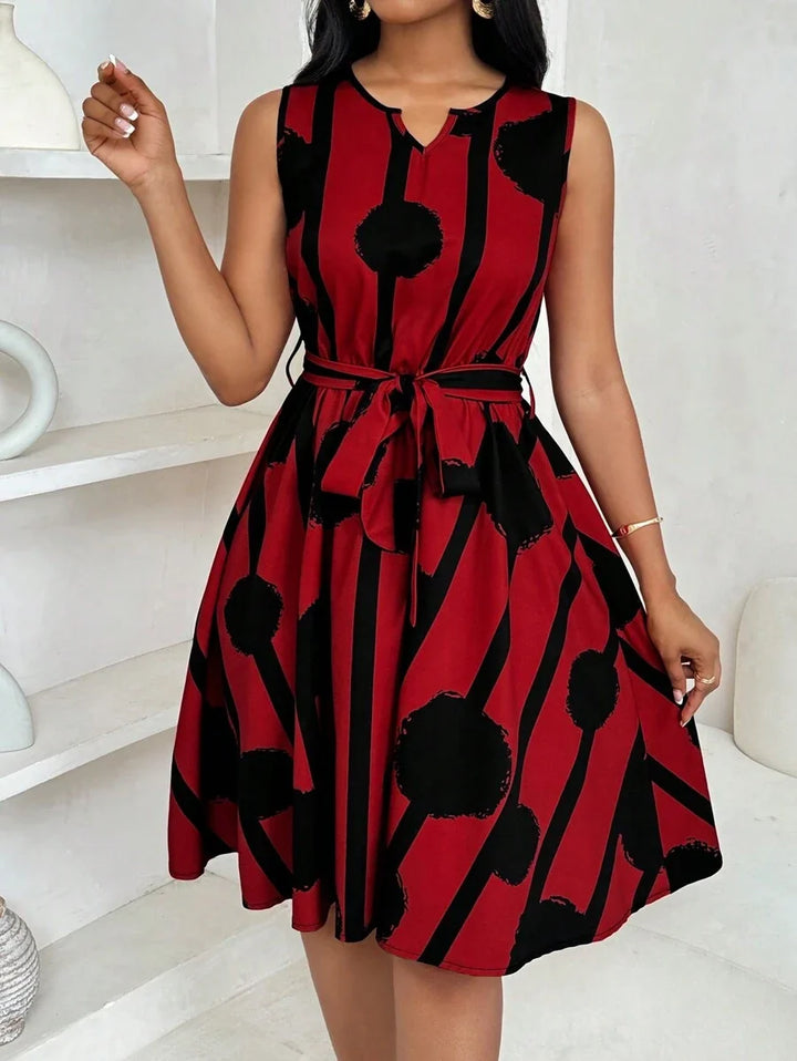 Vivienne | Elegant Geometrisk Print Båndliv Kjole