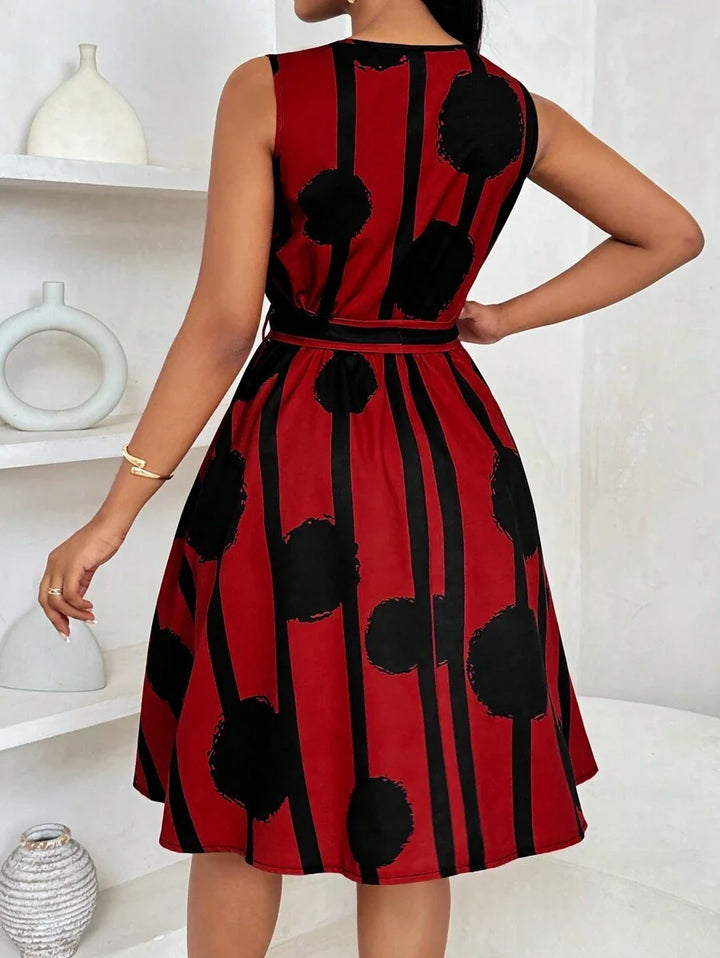 Vivienne | Elegant Geometrisk Print Båndliv Kjole