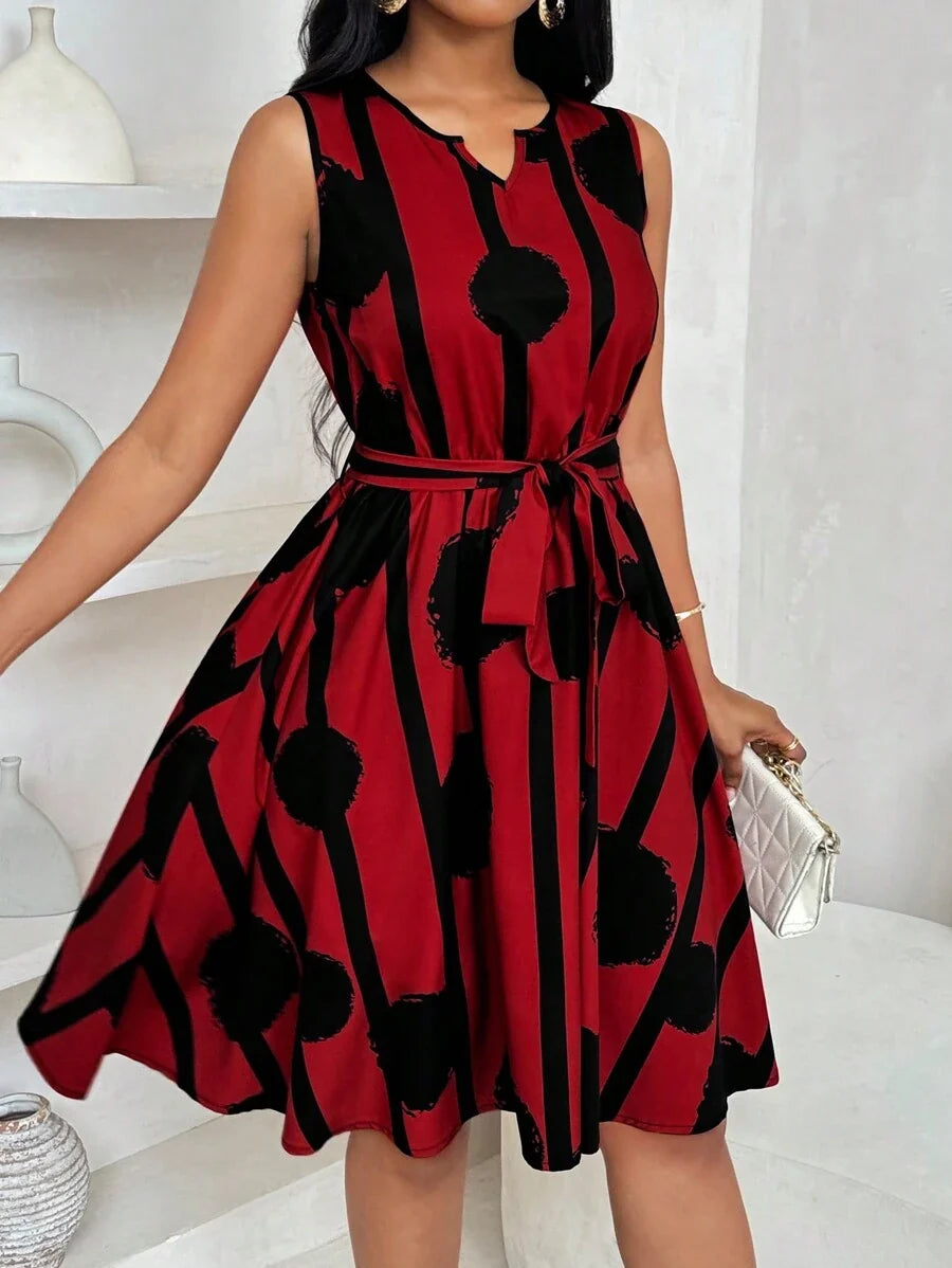 Vivienne | Elegant Geometrisk Print Båndliv Kjole