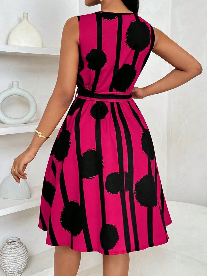 Vivienne | Elegant Geometrisk Print Båndliv Kjole