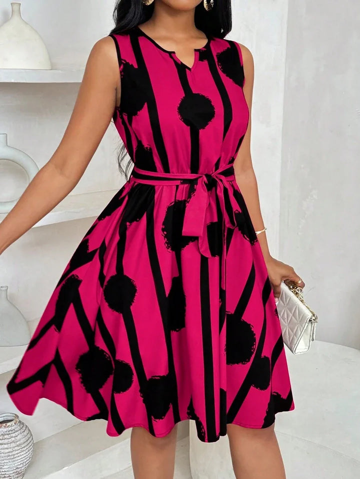 Vivienne | Elegant Geometrisk Print Båndliv Kjole