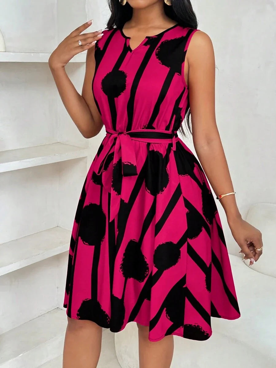 Vivienne | Elegant Geometrisk Print Båndliv Kjole