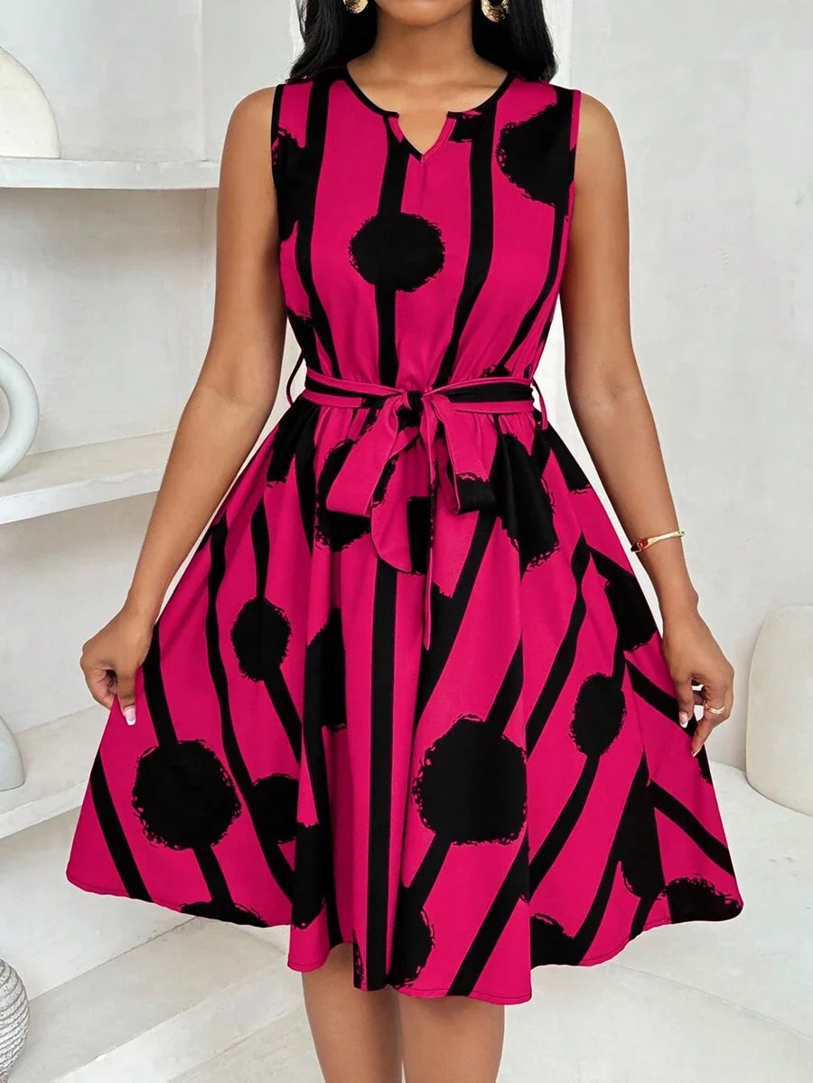 Vivienne | Elegant Geometrisk Print Båndliv Kjole