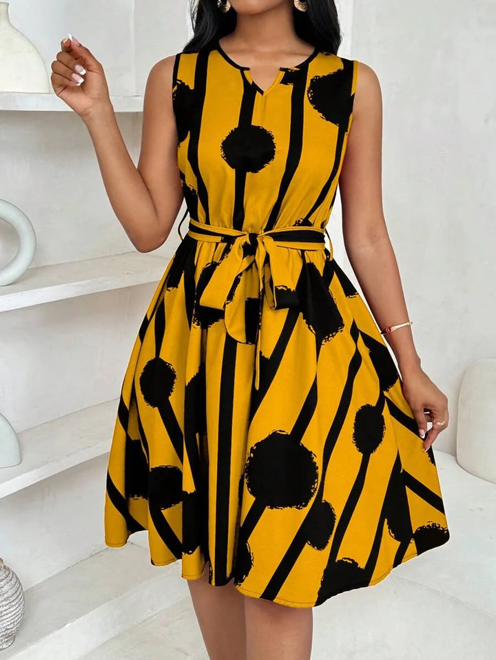 Vivienne | Elegant Geometrisk Print Båndliv Kjole