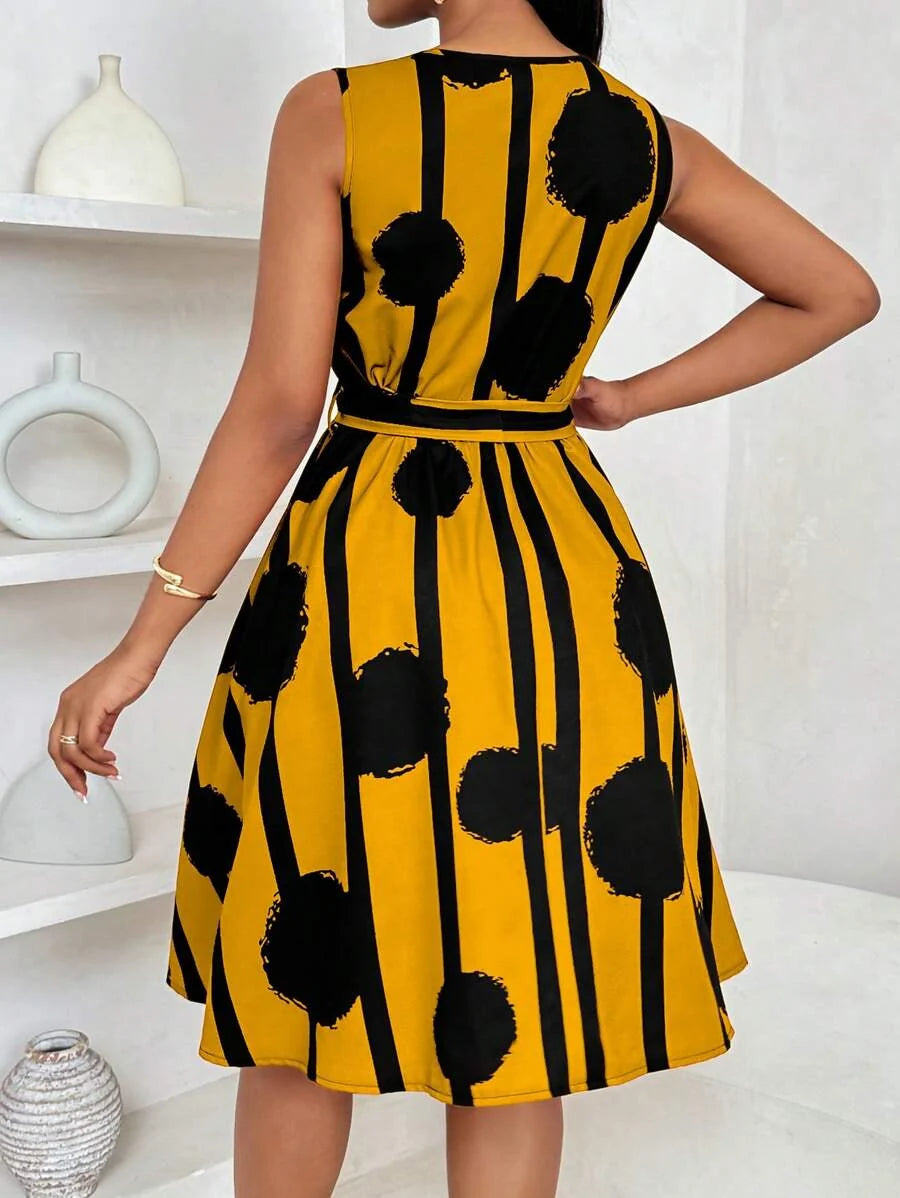 Vivienne | Elegant Geometrisk Print Båndliv Kjole