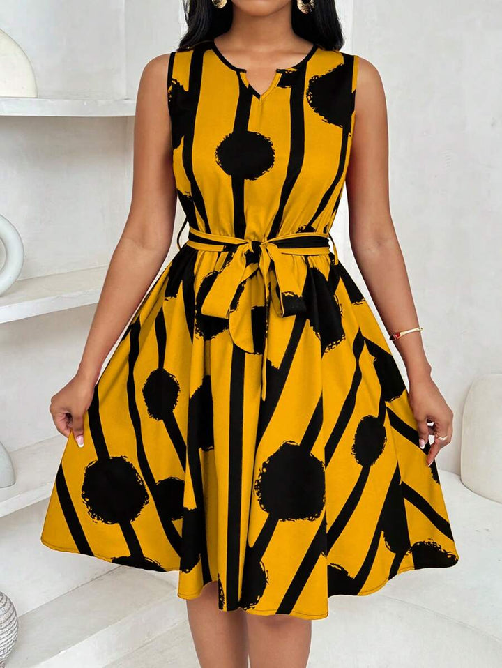 Vivienne | Elegant Geometrisk Print Båndliv Kjole