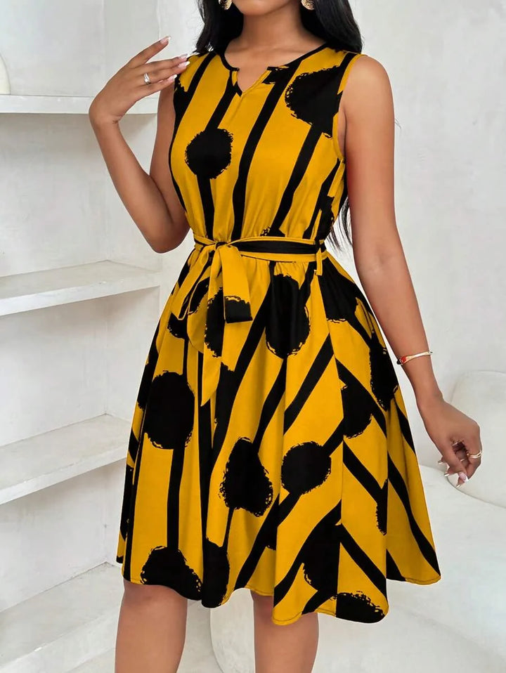 Vivienne | Elegant Geometrisk Print Båndliv Kjole