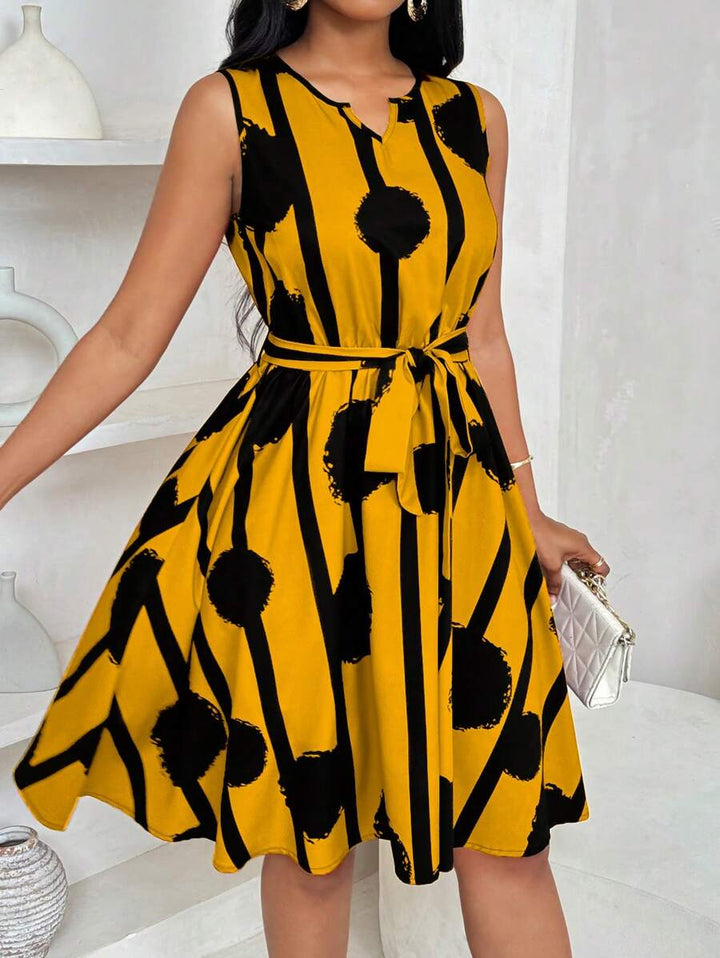 Vivienne | Elegant Geometrisk Print Båndliv Kjole