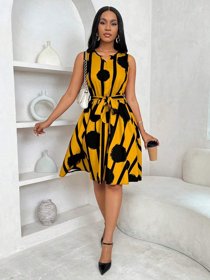 Vivienne | Elegant Geometrisk Print Båndliv Kjole