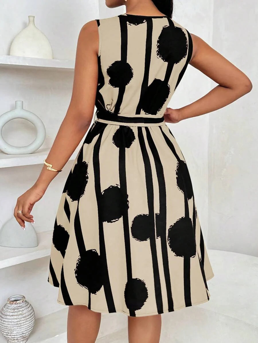 Vivienne | Elegant Geometrisk Print Båndliv Kjole