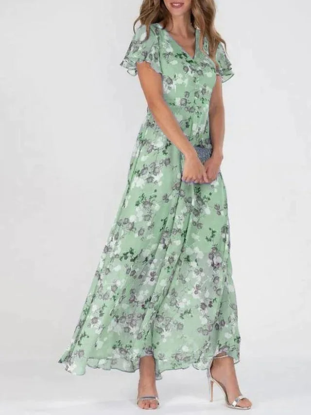 Lilia | Elegant Floral Kjole med Korte Ærmer