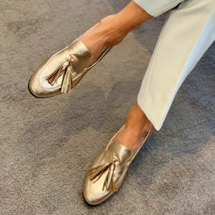 Perle | Elegant Guld Frynser Loafers