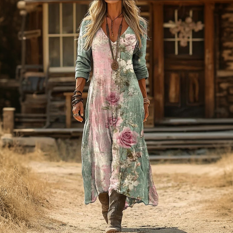 Margarita | Vintage Blomstret Langærmet Casual Kjole