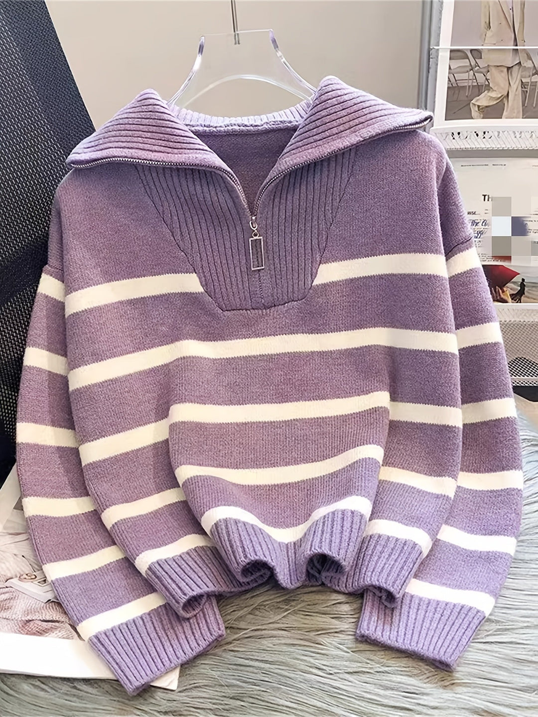 Sabina | Stribet Quarter-Zip Sweater