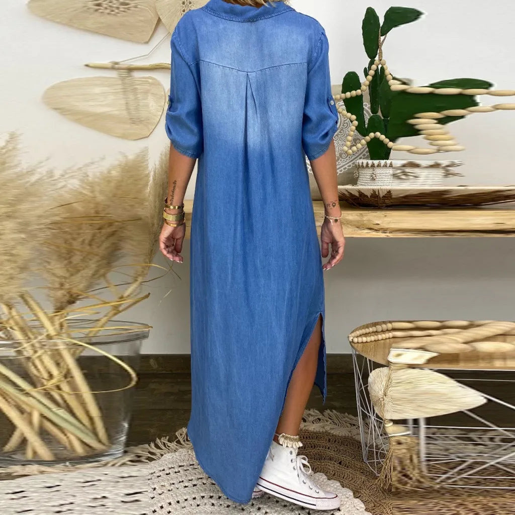 Alliah | Elegant Mid Sleeve V-Hals Ensfarvet Kjole