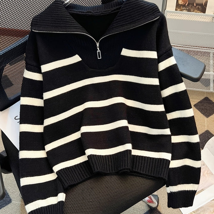 Sabina | Stribet Quarter-Zip Sweater
