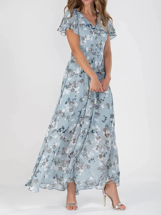 Lilia | Elegant Floral Kjole med Korte Ærmer
