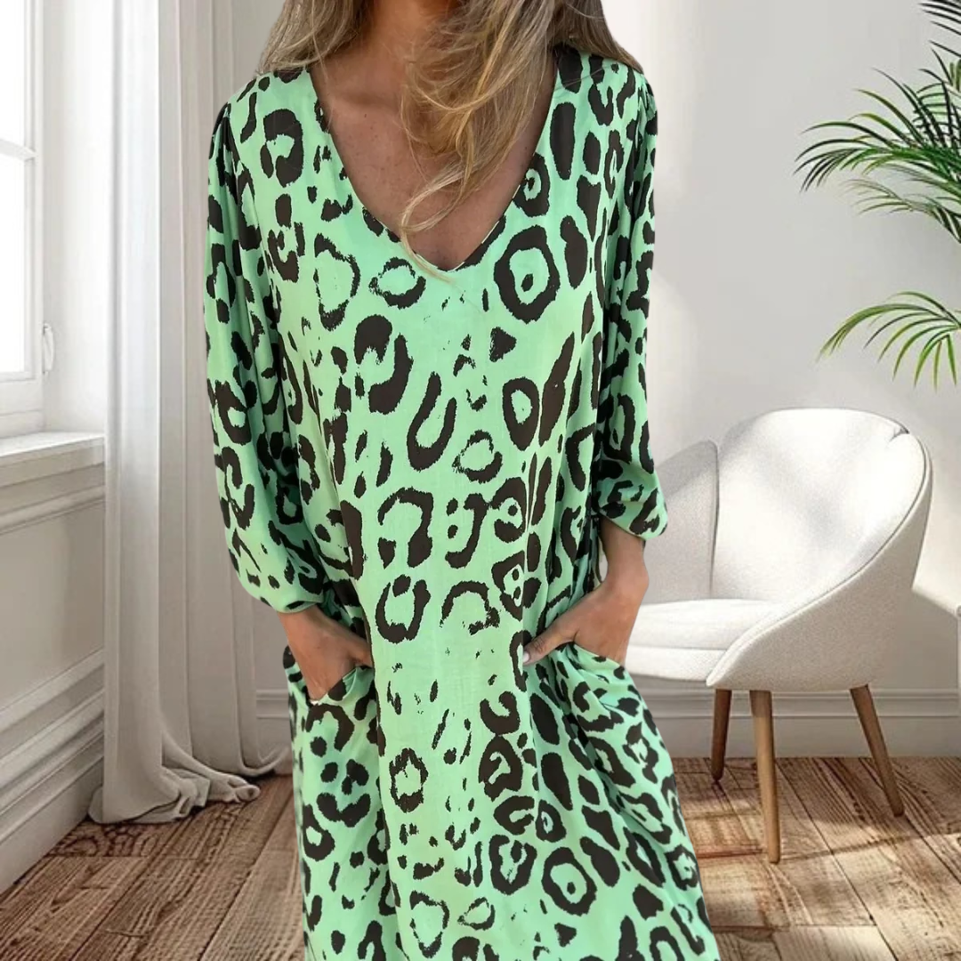 Sharon | Stilfuld Lang V-Hals Leopardkjole