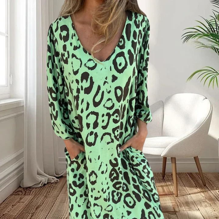 Sharon | Stilfuld Lang V-Hals Leopardkjole
