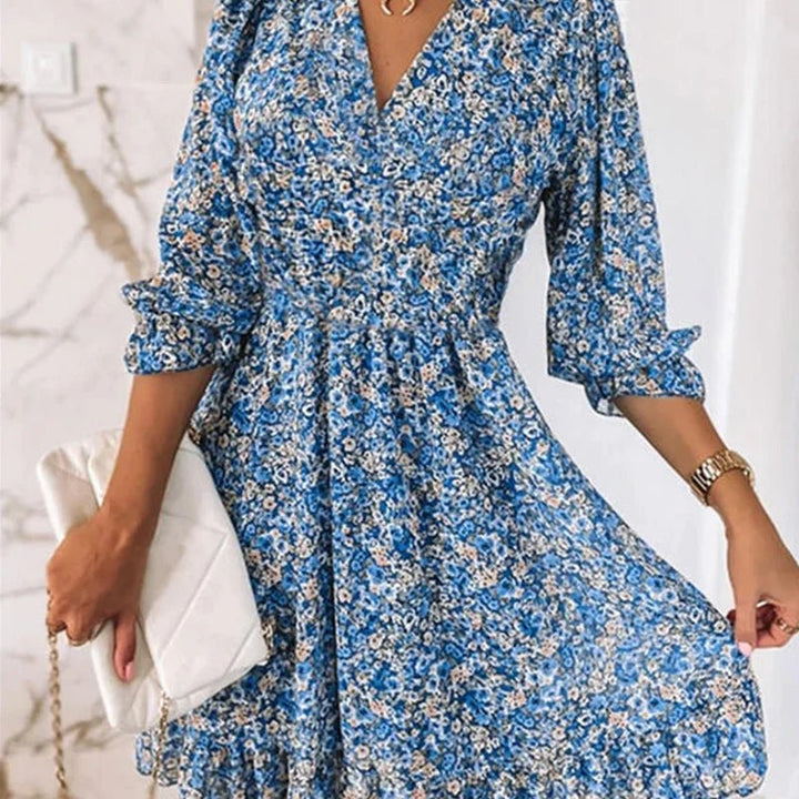 Penelope | Elegant Blomstret V-Hals Kjole