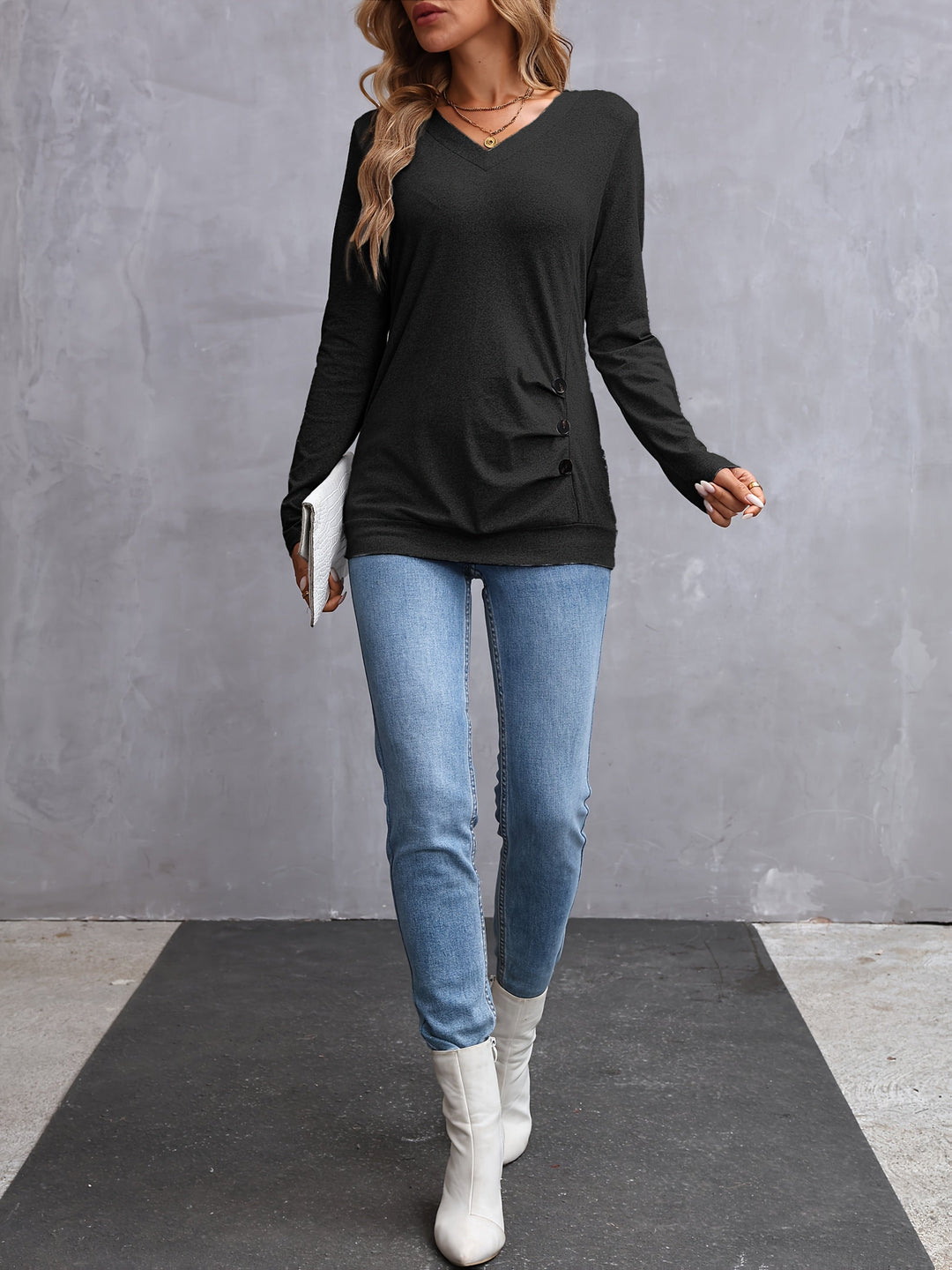 Kathryn | Side-Button V-Hals Langærmet Top