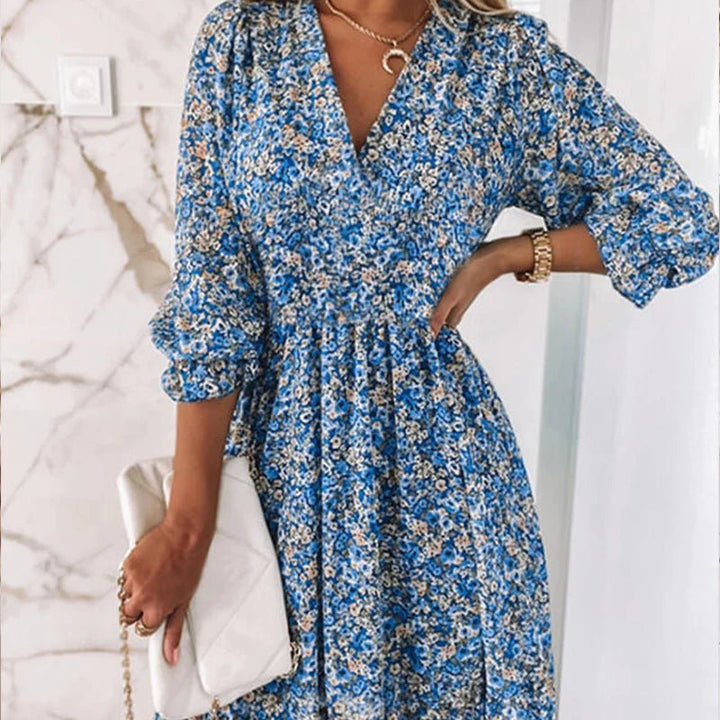 Penelope | Elegant Blomstret V-Hals Kjole