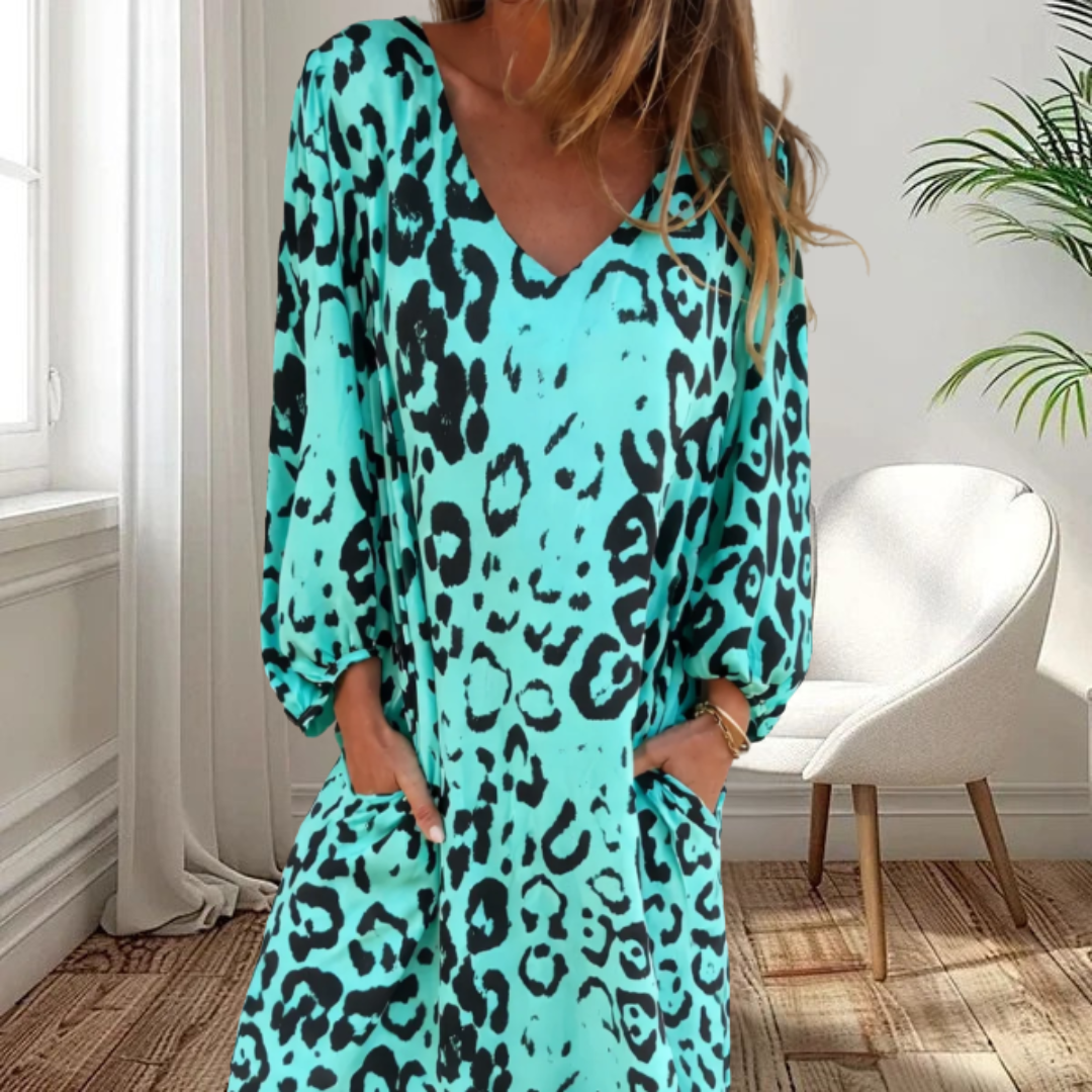 Sharon | Stilfuld Lang V-Hals Leopardkjole