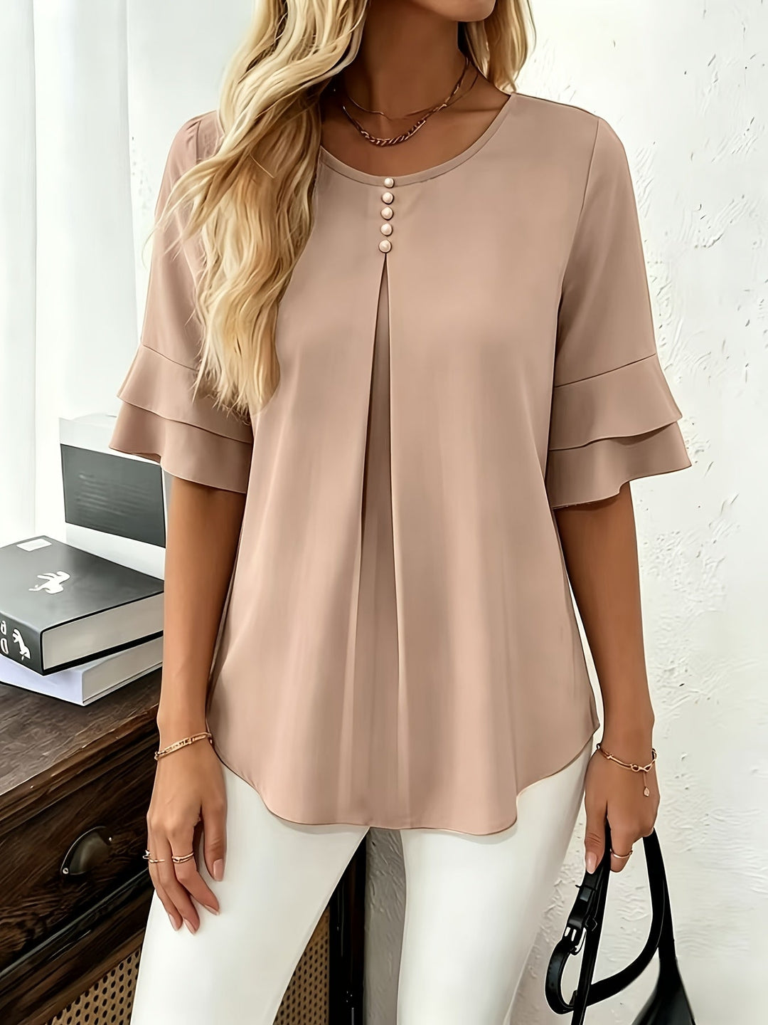 Karen | Bluse med Flared-ærmer og Plisseringer