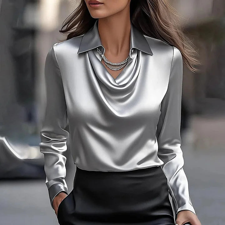 Merlina | Elegant Draperet Halsudskæring Satin Bluse