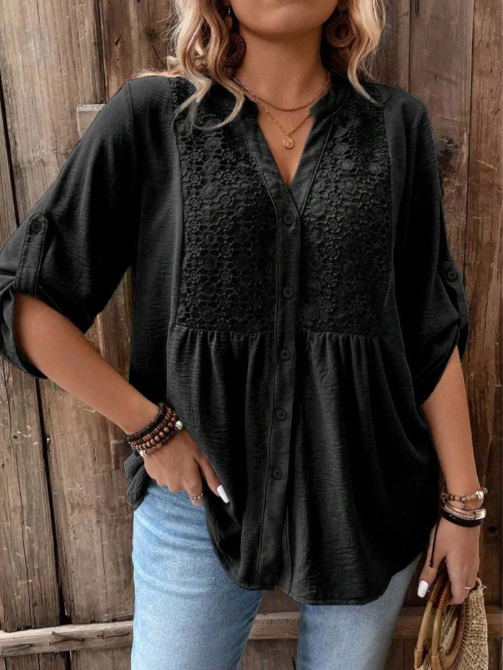 Nella | Elegant Bluse med Bred Ærme og V-Hals