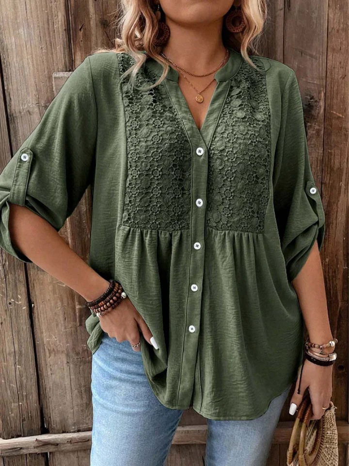Nella | Elegant Bluse med Bred Ærme og V-Hals