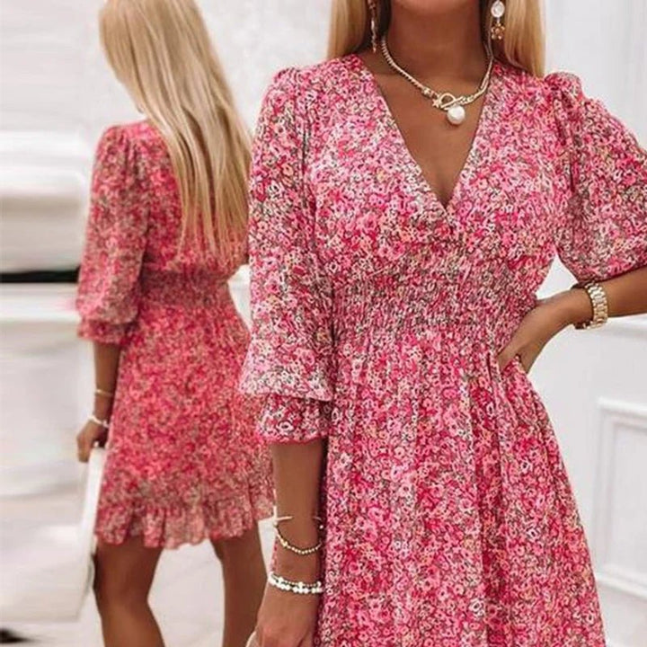 Penelope | Elegant Blomstret V-Hals Kjole