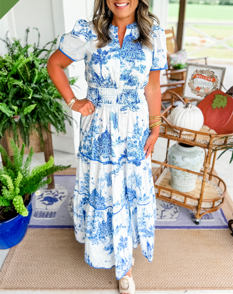 Eliza | Klassisk Toile Maxi Kjole
