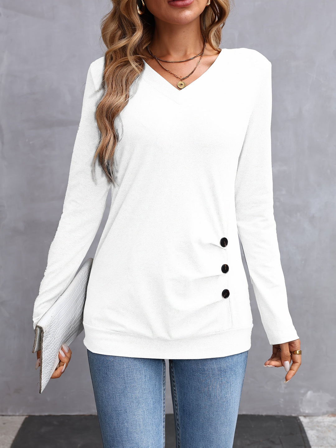 Kathryn | Side-Button V-Hals Langærmet Top