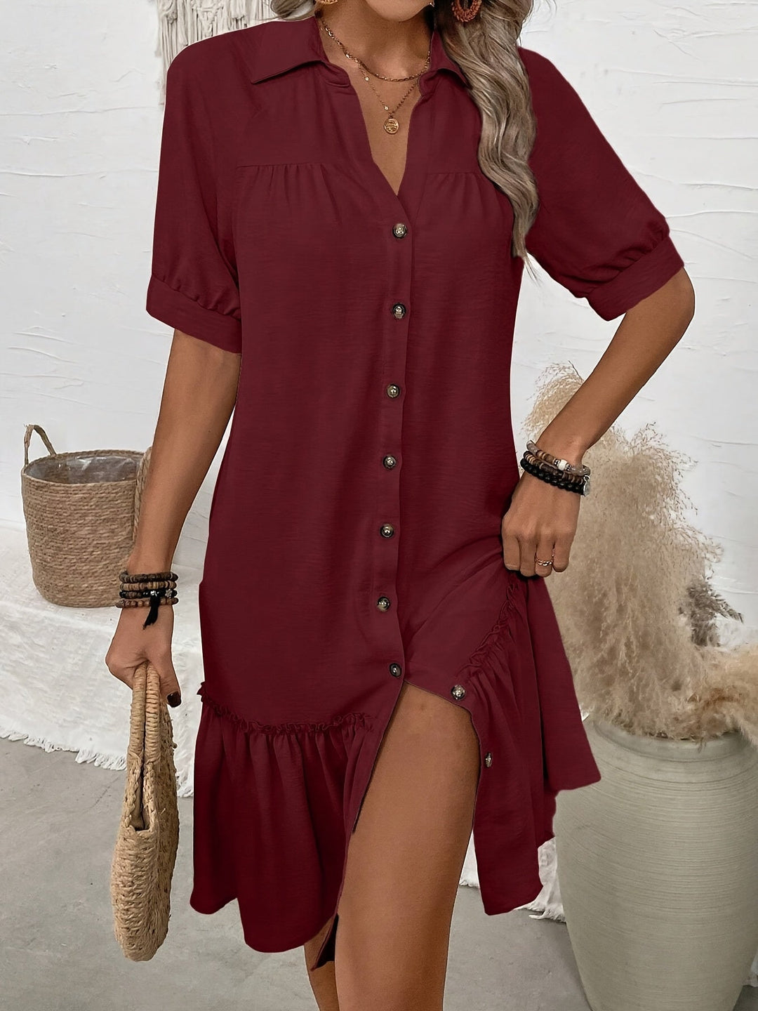 Maevelle | Knapdetaljeret Boho Midi Kjole