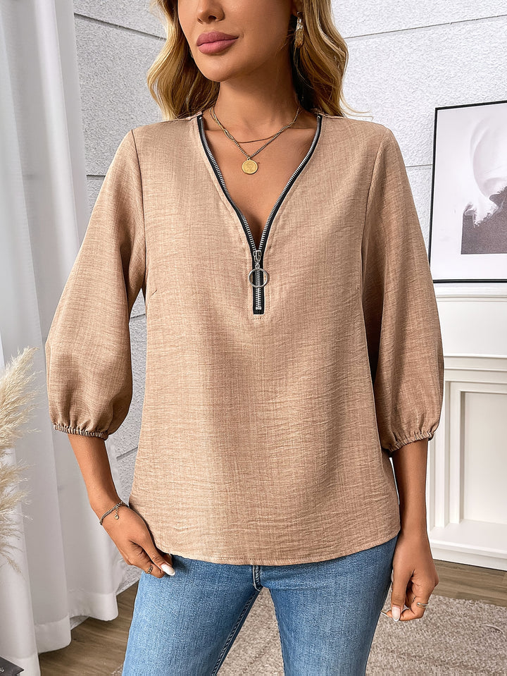 Claudia | Zip-Front V-Hals Bluse