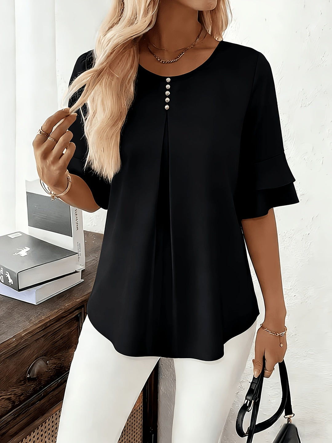 Karen | Bluse med Flared-ærmer og Plisseringer