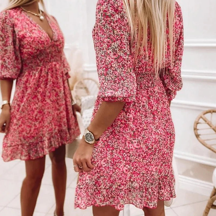 Penelope | Elegant Blomstret V-Hals Kjole