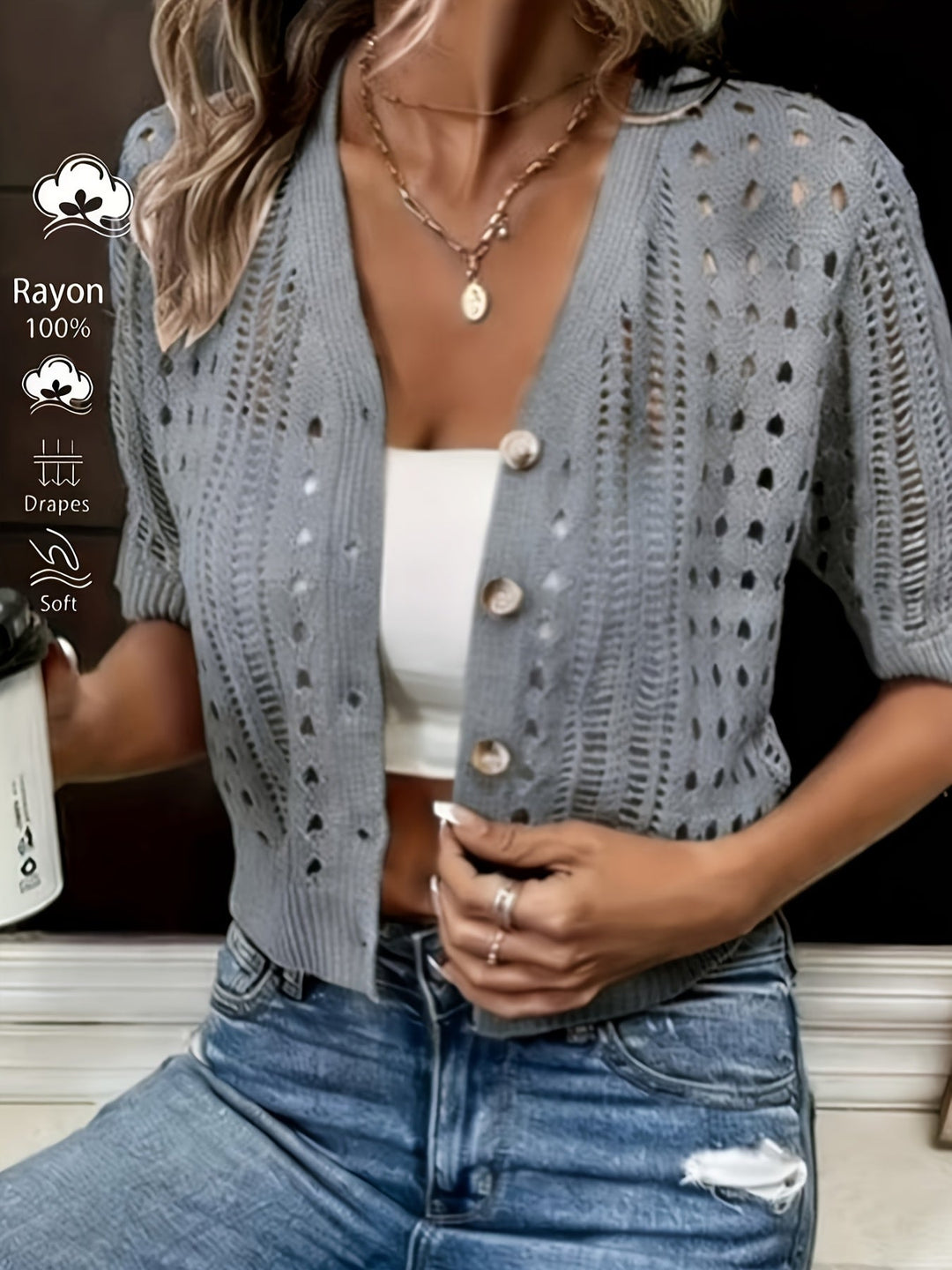 Delphine | Åben-Strik Kortærmet Cardigan