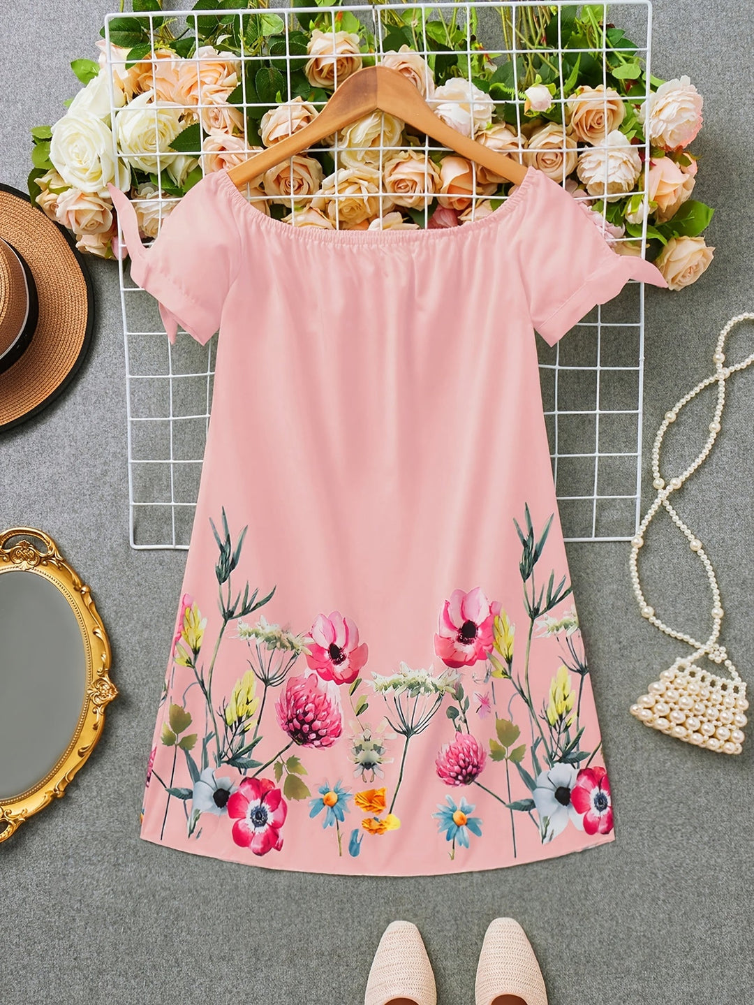 Gemma | Off-Shoulder Blomstret Sløjfekjole