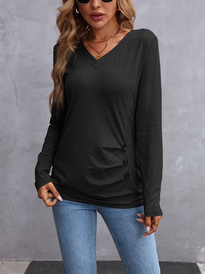 Kathryn | Side-Button V-Hals Langærmet Top