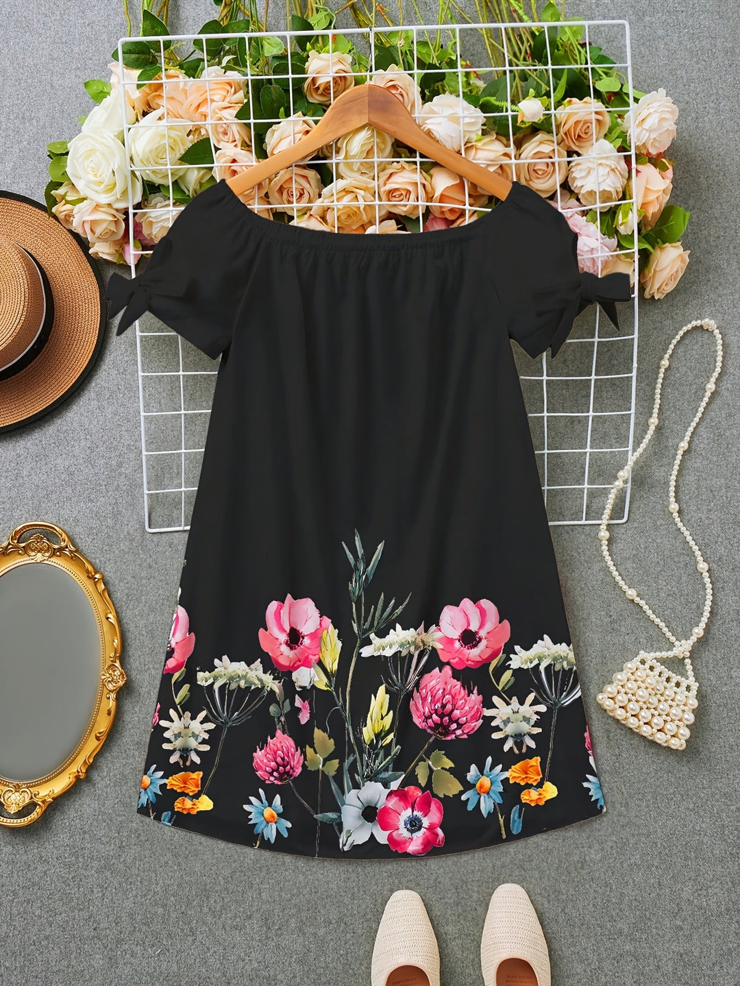 Gemma | Off-Shoulder Blomstret Sløjfekjole