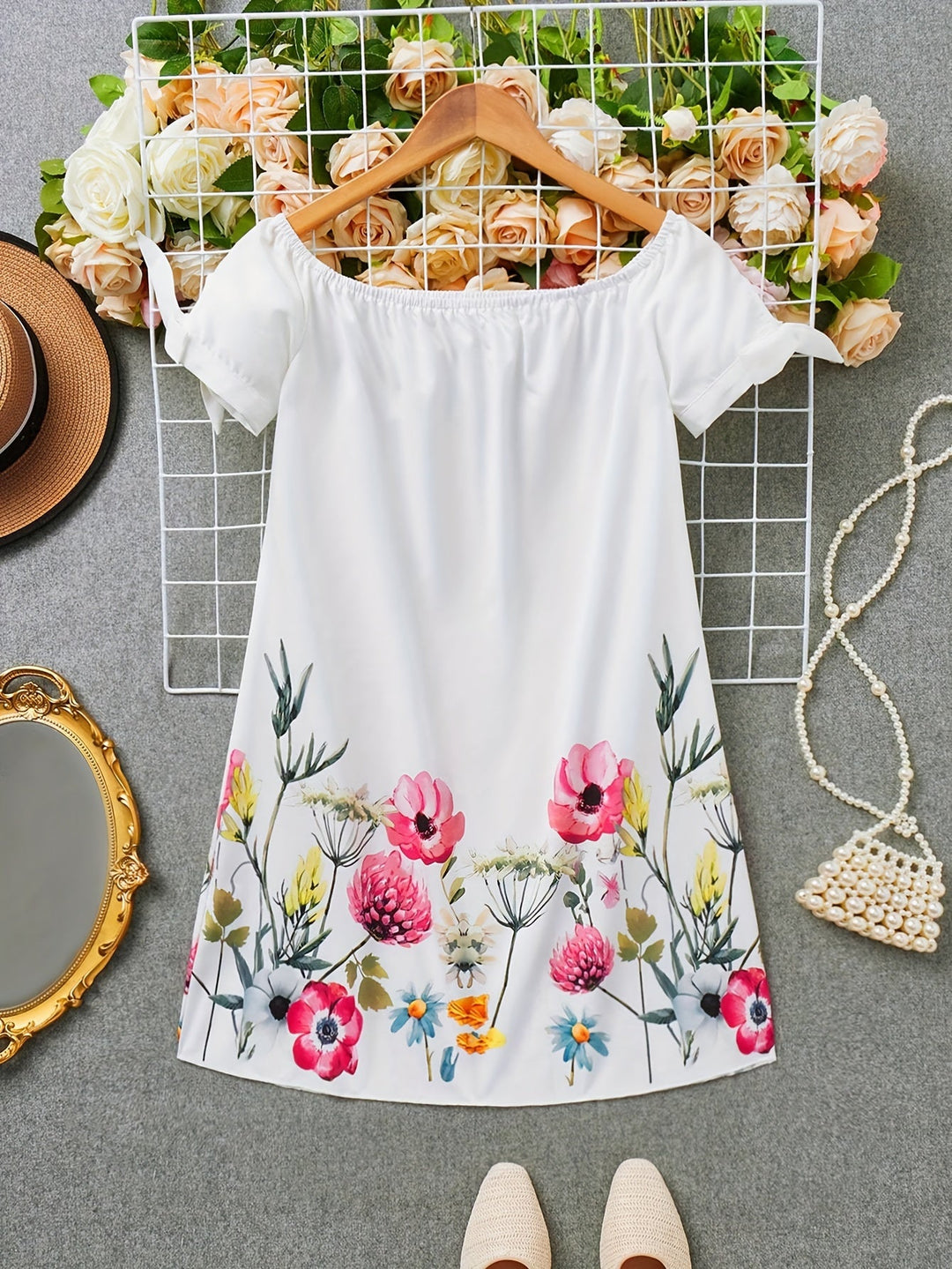 Gemma | Off-Shoulder Blomstret Sløjfekjole
