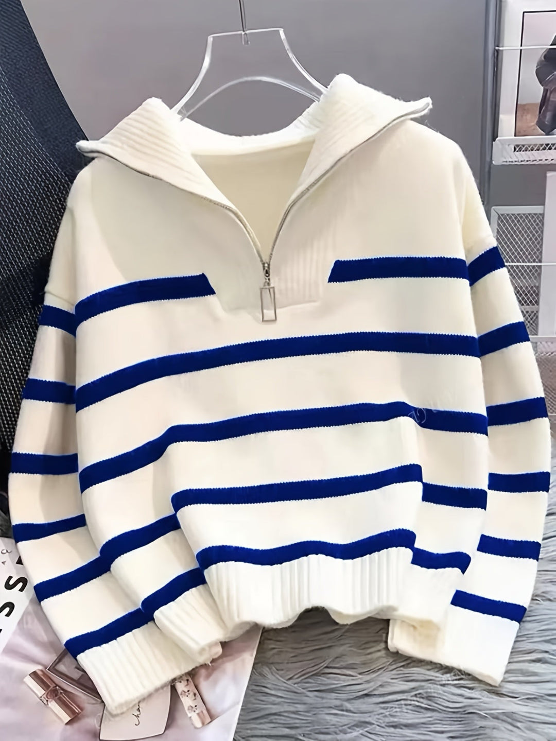 Sabina | Stribet Quarter-Zip Sweater