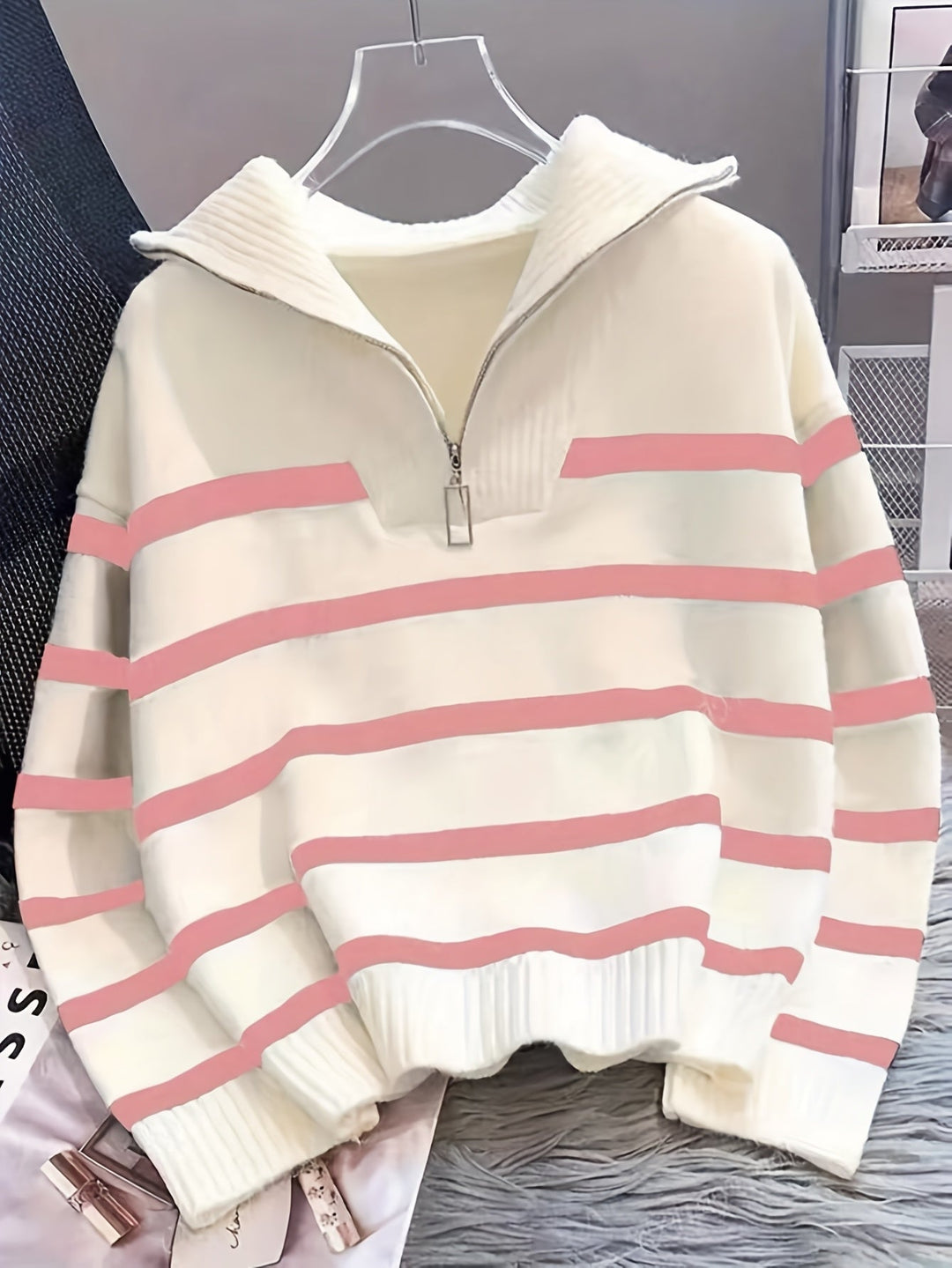 Sabina | Stribet Quarter-Zip Sweater