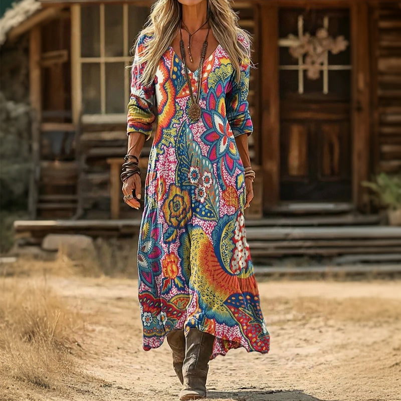 Natalie | Vintage Multifarvet Langærmet Kjole