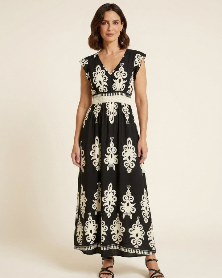 Rosalie | Barok-Print V-Hals Maxi Kjole
