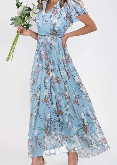 Lilia | Elegant Floral Kjole med Korte Ærmer