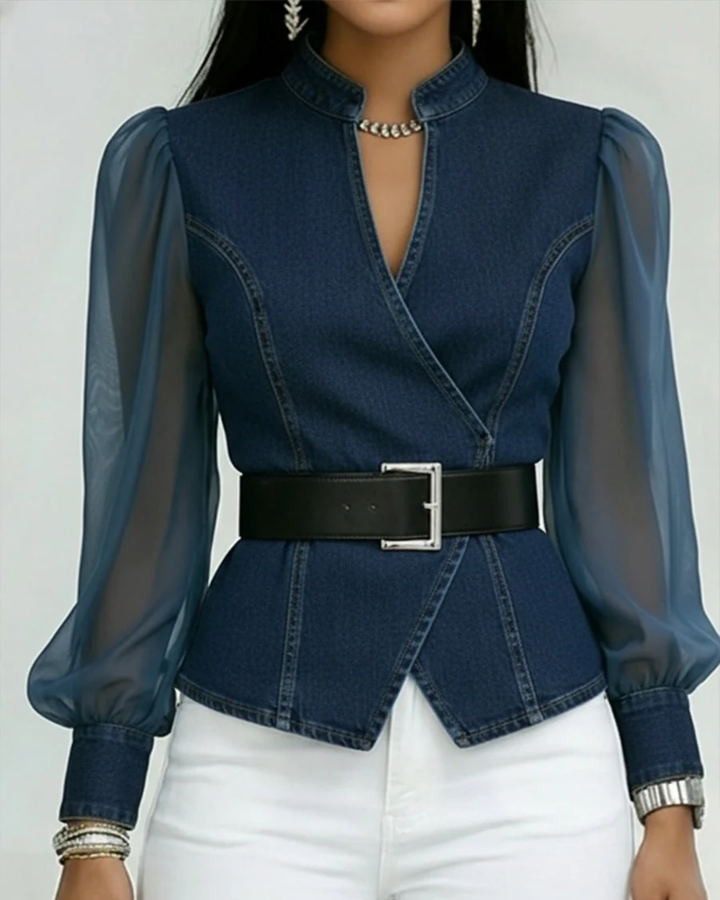 Lucille | Bælte Peplum Top med Gennemsigtige Ærmer